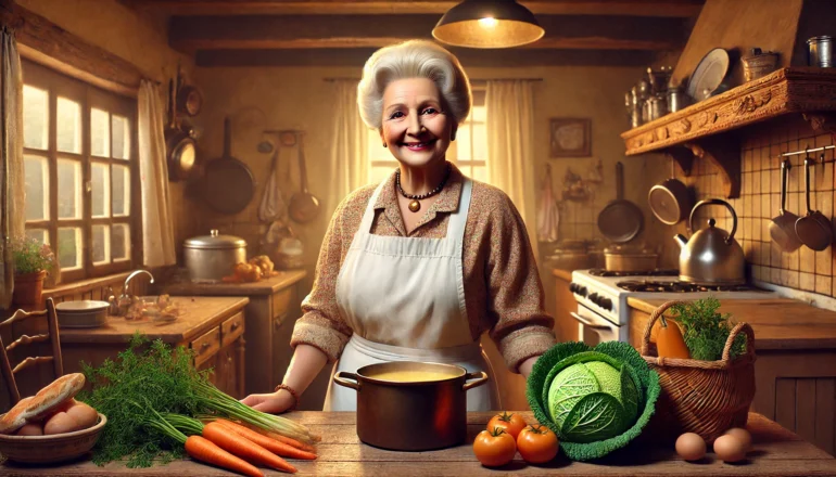 Maïté en cuisine, entourée d’ingrédients frais et de plats traditionnels.