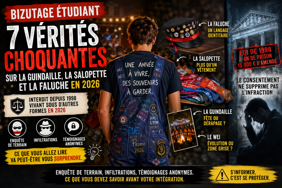 Étudiant de dos portant une salopette personnalisée lors d’une soirée étudiante, avec des éléments visuels sur la faluche, la guindaille et les risques du bizutage en 2026